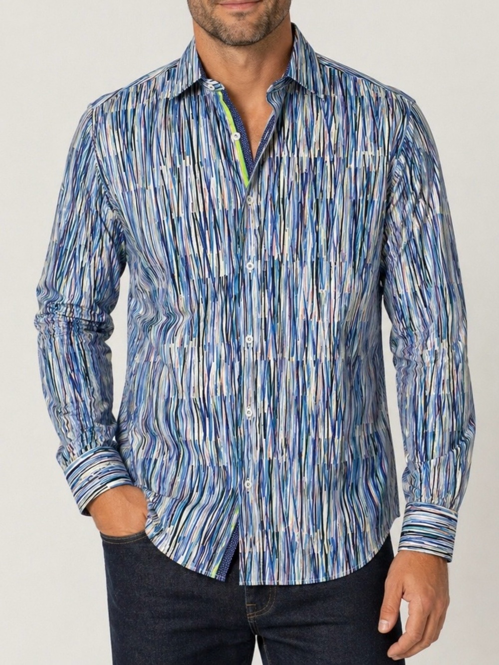 Bugatchi Uomo Blue Abstract Stripe Button Down Shirt Size L Cotton
